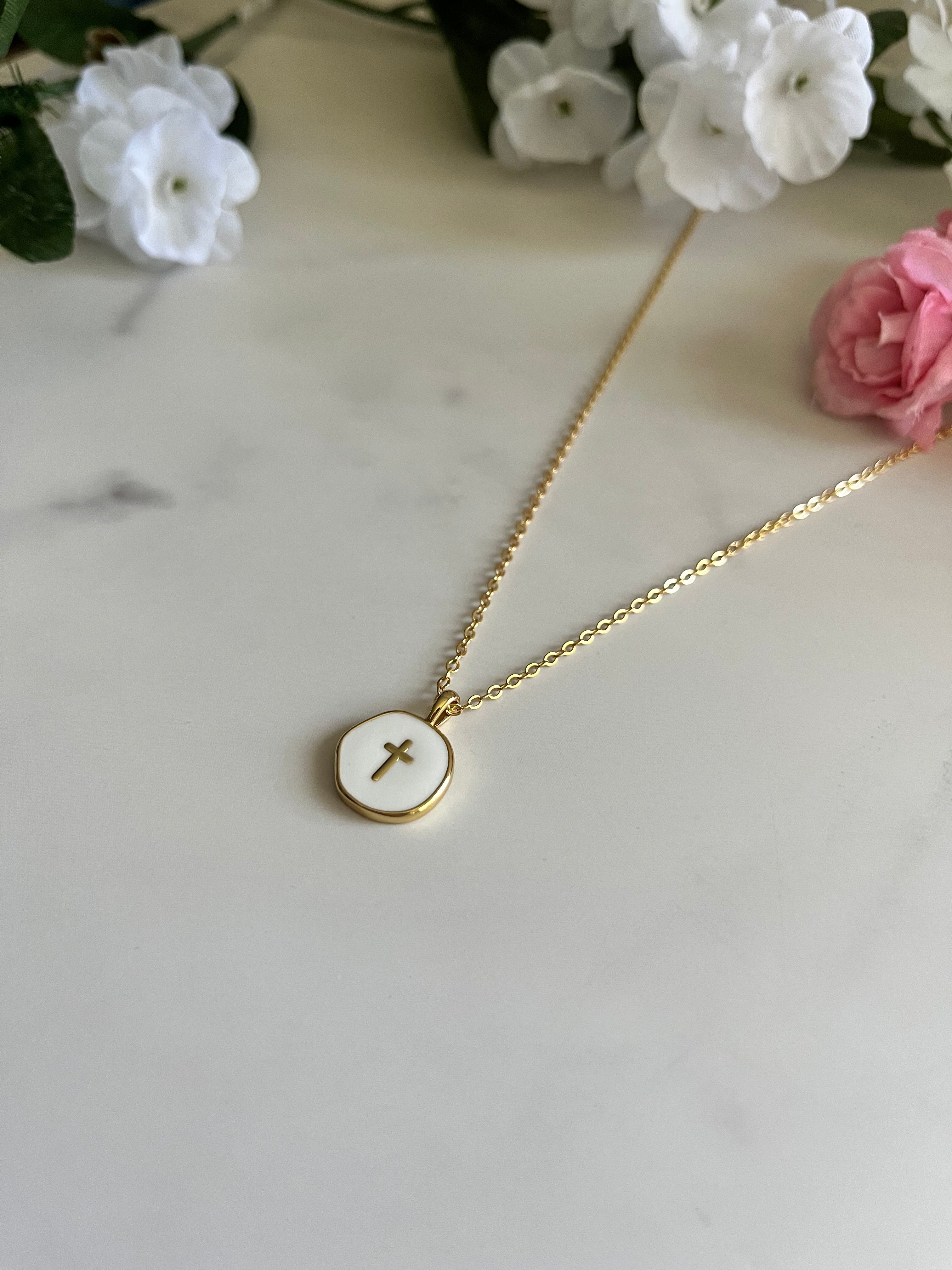Gold Necklace 18K White Cross Pendant